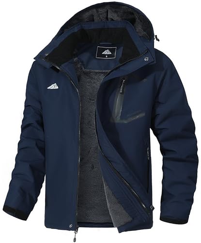 MAOYSSEN Chaqueta de esquí de montaña para hombre, impermeable, abrigo de invierno, chaqueta cálida para snowboard, cortavientos con capucha para senderismo, marino, Small