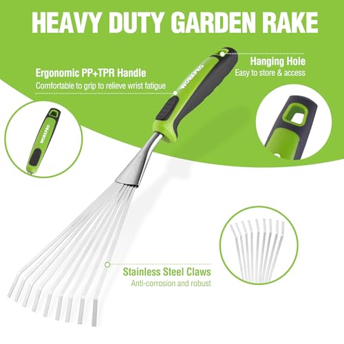 WORKPRO 16" Hand Rake, Heavy Duty Stainless Steel Garden Rake with Soft Handle, Small Garden Hand Tool for Gardening, Cultivating, Loosening Soil & Spreading Mulch, Flower Beds by WORKPRO - Used condition - Image 3