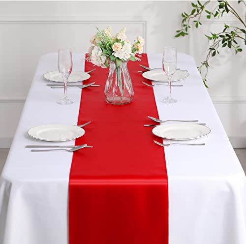 Manyshofu 12Pcs Satin Red Table Runner - 12 X 108 Inch Long Size, Party Table Runner Decor Bright & Smooth Wedding Decorations Table Runner For Banquet Chef Birthday Buffet Dinner Graduations #TOP5