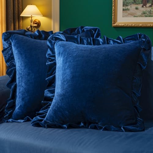 MIULEE Velvet Ruffle Throw Pillow Covers Pack of 2 18x18 Inch Navy Blue