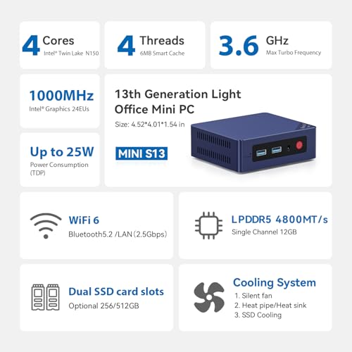 Image of Beelink MINI S13 Mini PC, Intel Twin Lake N150 Processor, 12G LPDDR5 RAM + 500G SSD Mini Desktop PC, 2.5G LAN+ WiFi6+ BT5.2, Dual Display via HDMI, Business Mini Computer
