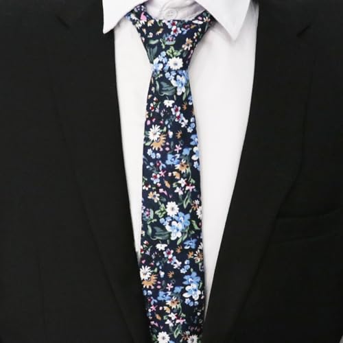 Image of Cotton Floral Ties for Men 2.76 inch Men's Skinny Tie Linen Flower Printed Neck Tie for Wedding Dating Party