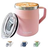 SiHuiTu Ins Style Coffee Cup, Insulated Stainless Steel Desk Cup, Coffee Mug with Lid & Handle – Reusable Office Mug​ for Hot & Cold Drinks, Modern Design, 450ml (Pink)