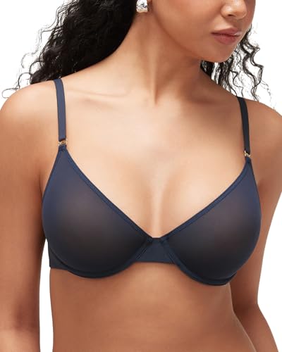 INLYRIC Women's Cosnufy Sheer Balconette Bra Demi Unlined Plunge Mesh See Through Sexy Bras Underwire Twilight Blue 36C