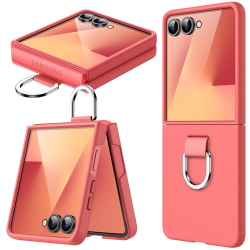 JETech Case for Samsung Galaxy Z Flip 7 2025 with Ring Hard PC Slim Shockproof Anti-Scratch Protective Phone Cover (Coralred)