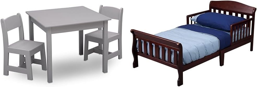 Delta Children MySize Kids Wood Table and Chair Set 2 Chairs Included - Ideal for Arts & Crafts, Snack Time & More - Greenguard Gold Certified, Grey, 3 Piece Set & Canton Toddler Bed, Cherry