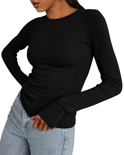 BTFBM Womens Tops 2025 Fall Outfits Long Sleeve Shirts Crewneck Work Blouses Stretchy Slim Fit Going Out Top Workout