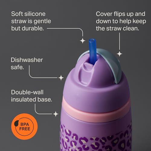 Image of Tommee Tippee Active Straw Toddler Cups, 1-3 Years, Insulated, 9oz | Pack of 2, Silicone Straw, Leak-Proof Valve, Pink & Purple