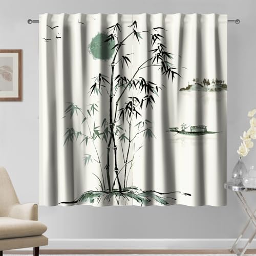 Kzzfqxb 107x160cm 2 Panneaux Rideaux de Peinture Chinoise, Soleil Branches de Bambou Vert Feuilles Collines Arbres Bateau de Rivière Dessin Classique Drapés de Fenêtre pour Salon Chambre