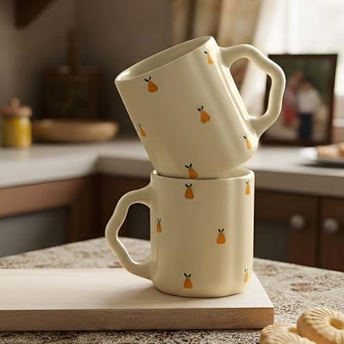 Image of The Earth Store Cream Pear Coffee Mug - 300ML Ceramic Coffee Mugs Set of 2 | Microwave & Dishwasher Safe Mugs for Gift | Home | Office | Restaurant | Daily Use