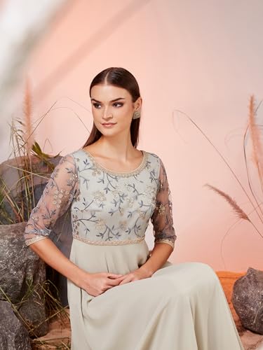 Image of Miss Chase Women's Round Neck Sleeve Embellished Fit Flare Maxi Dress