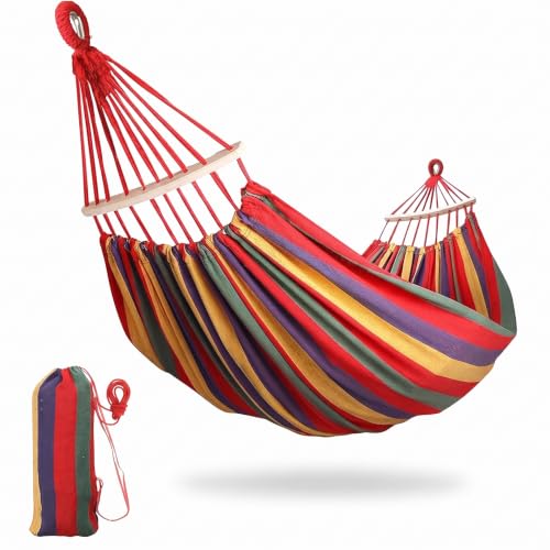 Image of Baskety Double Person Cotton Canvas Hammock with Spreader Bars, Ultralight Travel & Camping Swing Bed for Balcony, Garden, Outdoor & Beach - Max Load 200KG, Red (280 x 100 cm)