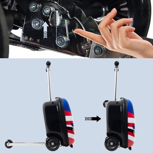 Cartoon Character Ride-on Kids Scooter Luggage with Wheels | Folding Hardshell Carry-On Luggage for Boys & Girls Ages 4-15 | Lightweight Travel Suitcase for Airplane, Check-In