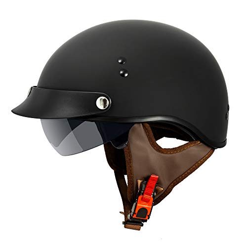 VCAN Cruiser Solid Flat Black Half Face Motorcycle Helmet with Drop-Down Sun Visor, Removable Peak...