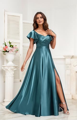 Short Sleeve Bridesmaid Dresses Satin V Neck Prom Dresses with Pockets A Line Ruffles Wedding Guest Dress with Slit UU1684