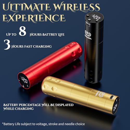 Neebol Wireless Tattoo Pen Kit, Rotary Tattoo Gun, 8 Hours Battery Life, Screen Display, 20 Cartridge Needles, Complete Cordless Tattoo Machine Kit for Beginners and Professionals, Golden