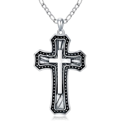 WSX Collar de cruz para hombre, plata de ley 925, colgante de crucifijo con cadena de 55,9 cm + 5,8 cm, joyería católica para Navidad, cumpleaños, regalo para padre