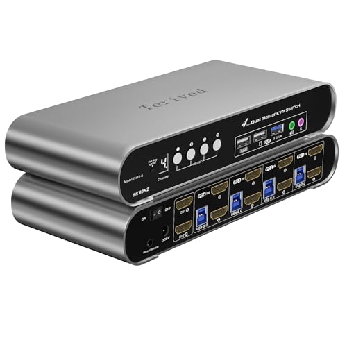 Terived 4 Computers 2 HDMI Monitor Automatic KVM Switch 8K@60Hz, Hotkey Switching, EDID, with Audio and Microphone, Aluminum Shell with Digital Display, USB 3.0 Hub, HDR10 with Cables