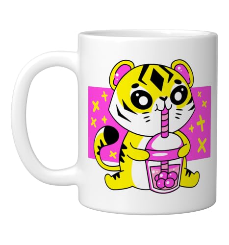 Tiger Kitten Boba Bubble Tea Cute Cat Kawaii Anime Feline Ceramic Mug, White