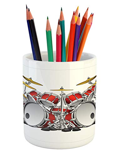 Lunarable Drum Set Pencil Pen Holder, Cartoon Illustration of Huge Instrumental Set, Ceramic