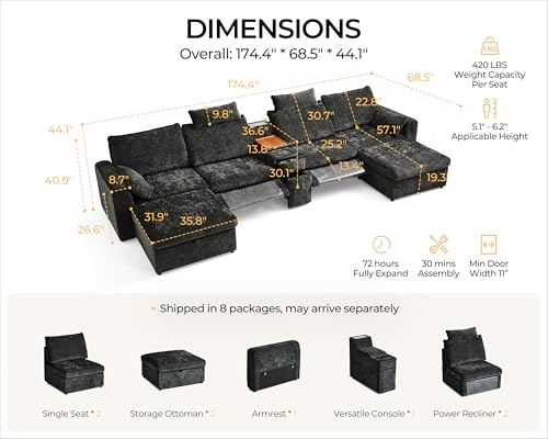 Image of 174.4'' Oversized Modular Power Recliner Sofa with Headrest, Deep Cloud Couch with Table, Charging Cup Holders, Convertible U-Shaped 6-Seater Sectional with 2 Storage Ottomans, Chenille, Black