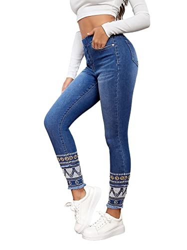 WDIRARA Women's Boho Tribal High Waist Geometric Print Skinny Jeans