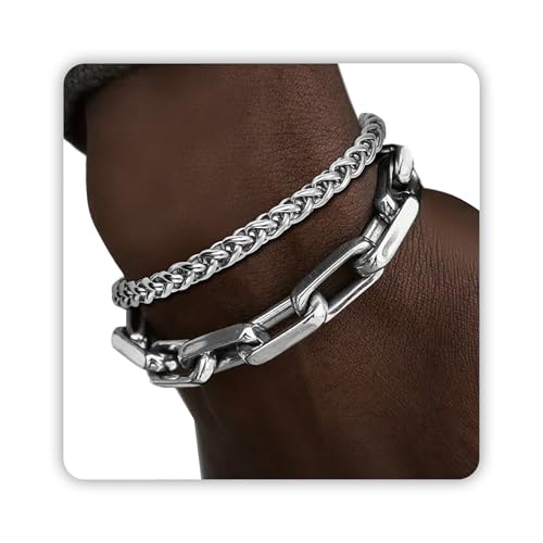 DAYANEY 2 PCS Stainless Steel Bracelet for Men, Chunky Silver Chain Bracelet as Birthday Gifts for Boyfriend Dad and Son, Stainless Steel Bangles as Waterproof Mens Jewelry Pulseras Para Hombres