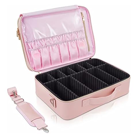 Hododou Large Makeup Case with 3-Layer, Makeup Organizer Bag for Make up Artist, 16 inch Travel Case for Cosmetic Hairstylist Nail Tech, with Elastic Makeup Brush Slots (Pink) Cover