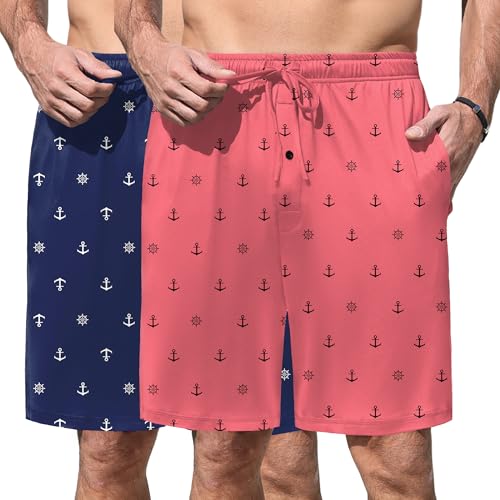Image of Ekouaer Men's Pajama Shorts Soft Sleepwear Bottoms Elastic Waistband Loungewear Breathable Men Shorts with Pockets