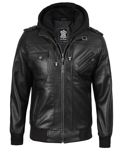 Image of Decrum Mens Leather Jacket - Detachable Hood Stylish Real Lambskin Leather Bomber Jacket Men