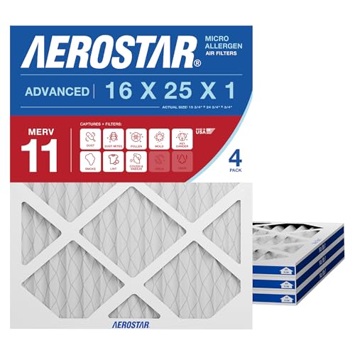 Aerostar 16x25x1 MERV 11 Air Filter, 4 Count, ACTUAL SIZE (15.75 x 24.75 x 0.75), HVAC, Air Conditioning & Furnace Filter for Dust, Pet Dander, Smoke & Allergies (MPR 1200 / FPR 7), Made in USA