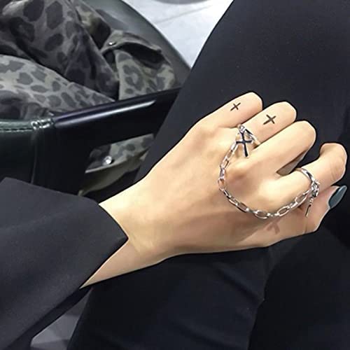 17Pcs Adjustable Punk Chain Rings Set， Vintage Knuckle Gothic Rings Set Alloy Biker Obsidian Chain Open Rings, Stackable Hollow Carved Finger Rings Midi Rings Joint Jewelry For Women Girls (Silver) #TOP4