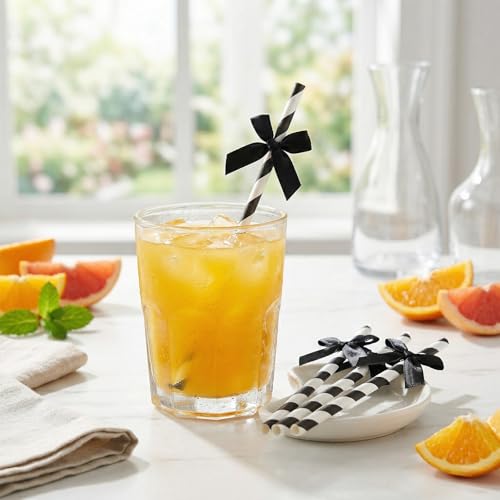 30 pitillos negros y blancos con moño para bebidas miniatura 3