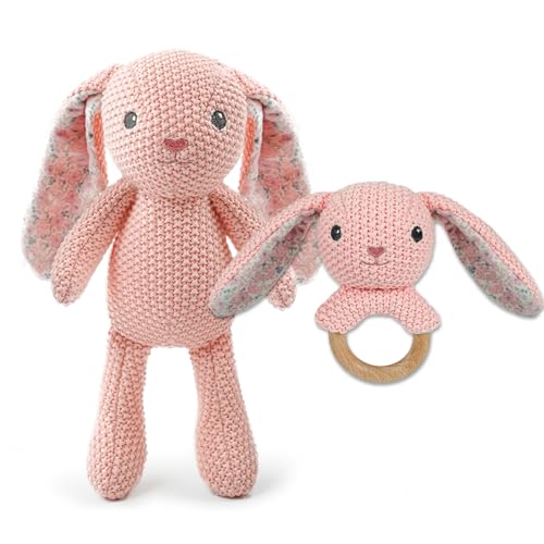 Pink Bunny Wooden Baby Rattle 2 PCS 10'' Rabbit Crochet Cotton Stuffed Animal Toys Set for Baby: Rabbit Plush Doll Toy and 5.9'' Baby Rattle Teddy Bear for Newborn Baby Shower Birthday Gift