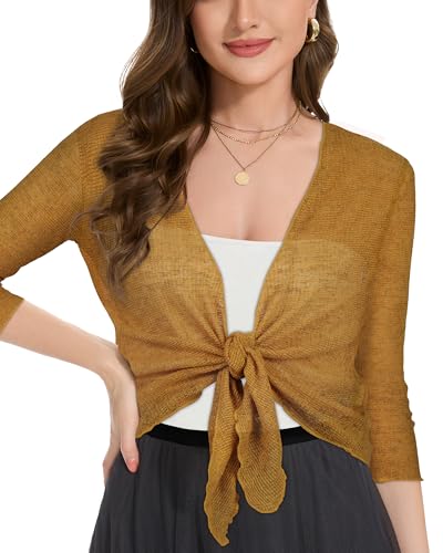 Image of Women Crop Cardigan Sheer Mesh Bolero Shrug for Dress Tie Front 3 /4 Sleeve Tops