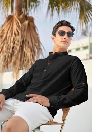Image of Zombom Men's Solid Cotton Polyester Blend Straight Kurta Shirt, Regular Fit Full Sleeve Short Kurta Shirt