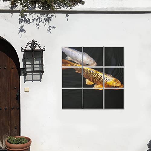 Fresque carpes koi en céramique décorative or et blanc