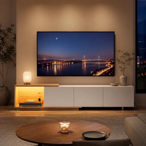 Mobile porta TV LED 240 cm, Armadio e Televisore, Banco TV, Mobile TV da Salotto, Banco TV Moderno in Legno con 3 Cassetti, Armadio Basso per Soggiorno Interno, Mobile per Salotto (Bianco-2)