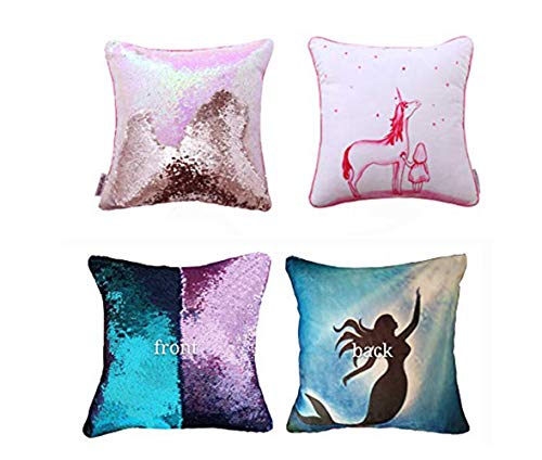 Meaning4 Lot de 2 housses de coussin réversibles à paillettes avec motif licorne et sirène 40 x 40 cm