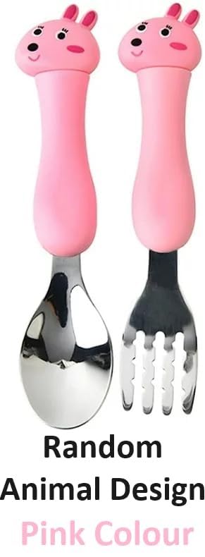 Image of Bekner Kids Cutlery Set, Stainless Steel Spoon and Fork with Animal Design Handles, 14.7 cm, Multicolor, Pack of 2 (Pink)