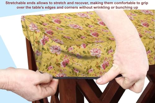 Image of The Furnishing Tree Elastic Cotton Rectangular Center Table Cover 24x48 in Inches Floral Pink Rose on Yellow Base