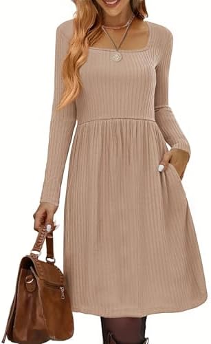 Zeagoo Womens Casual Sweater Dress Square Neck Knit Long Sleeve Dress with Pockets A-Line Knee Length Fall Winter Dress