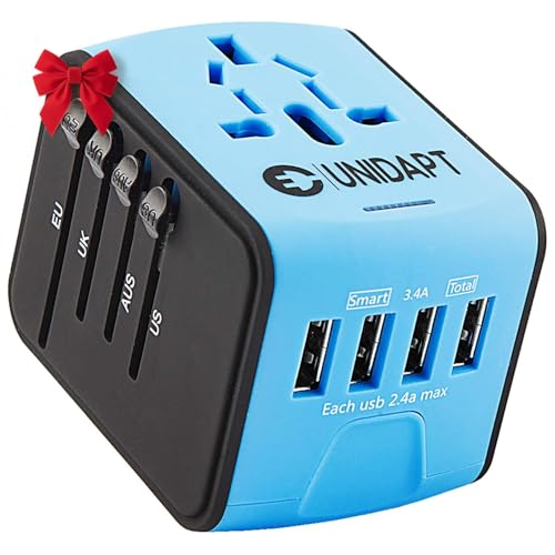 Unidapt Universal Travel Adapter, International Plug Adapter Fast 2,4A 4-USB European Power Plug, AC Wall Charger - Worldwide Outlet for Europe US USA UK EU AUS, Blue