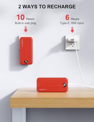 Image of Nusyddy Portable Charger 20000mAh PD20W w /Built-in Cables & Wall Plug Red | PD20W Fast Charging, High Capacity, LED Display, Charge 5 Devices at once, TSA Approved, Compatible with iPhone /iPad /Samsung