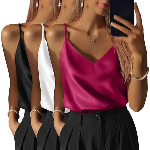 Image of 3 Pack Women's Silk Satin Camisoles V Neck Tank Tops | 95% Polyester, 5% Spandex, Adjustable Spaghetti Strap, Loose Blouse, Daily Wear, Sleeveless, Classic V Neck