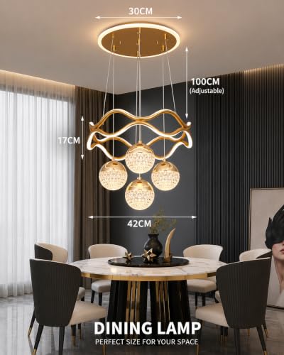 Image of Elegant Chandelier Ceiling Light for Living Room Hanging Pendant Light | Italian K9 Crystals | Metal Frame | Adjustable LED Light-Pack of 1 (4 Ball Light-Gold)
