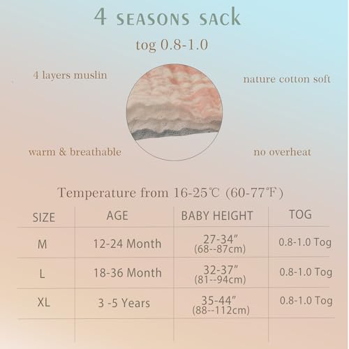 Image of Muslin Cotton Baby Sleep Sack (1-2T) - Lightweight Wearable Blanket for Toddlers, 0.8-1.0 Tog, Sleeveless, 4 Layers, Soft for All Seasons, 12-24M Infant Sleeping Bag
