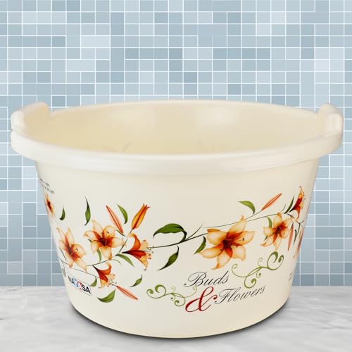 Image of Nayasa Deluxe Basin 19 LTR Plastic Utility Washing Tub | Printed Design | Strong, Lightweight Multipurpose Tub for Laundry, Cleaning & Household Use | no.200, Cream