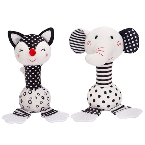Juguetes para bebés en Blanco y Negro, sonajero Suave de 2 Piezas para bebés de 0 a 12 Meses, Juguetes recién Nacidos en Blanco y Negro con teether para recién Nacido
