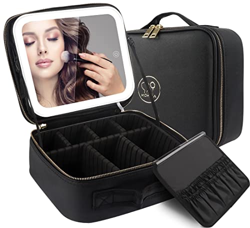 Momira Makeup Bag With Mirror And Light Travel Makeup Train Case Cosmetic Organizer Portable Artist Storage Bag With Adjustable Dividers Makeup Brushes Storage Organizer Black #TOP9